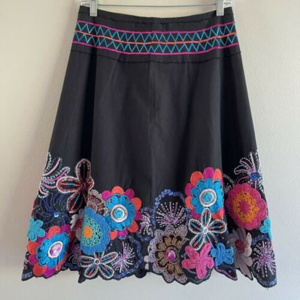 Colorful Midi Skirt Waist 28 Crochet Beaded Embroidered Black Vanity Collection